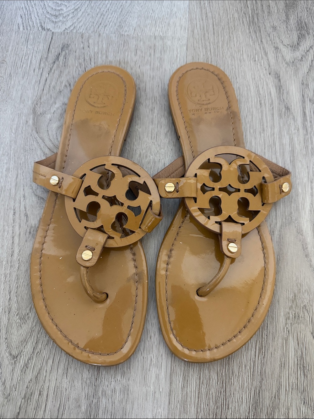 Tory Burch Women's Miller Patent Thong Sandals — Cognac Tan